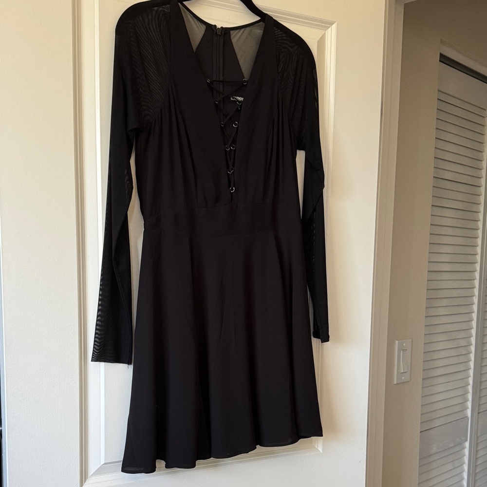 Express Black Long Sleeve Lace-Up Dress